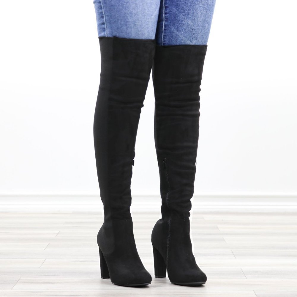 Faux Suede & Stretchy Material Thigh High Boots - Picture 3 of 13